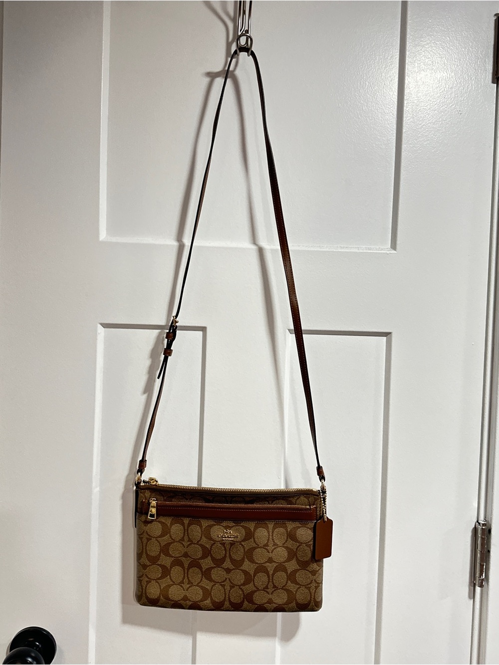 Coach Brown Signature Canvas Crossbody with Tan Leather Trim